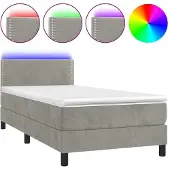 Syfax Cama box spring colchón y LED terciopelo gris claro 90x200 cm