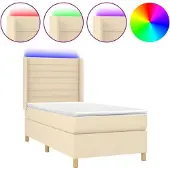 Syfax Cama box spring colchón y luces LED tela crema 100x200 cm