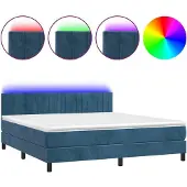Syfax Cama box spring colchón y LED terciopelo azul oscuro 160x200 cm