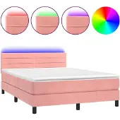 Syfax Cama box spring colchón y LED terciopelo rosa 140x190 cm