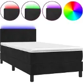 Syfax Cama box spring colchón y LED terciopelo negro 90x190 cm