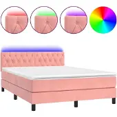 Syfax Cama box spring colchón y LED terciopelo rosa 140x190 cm