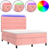 Syfax Cama box spring colchón y LED terciopelo rosa 140x200 cm
