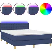 Syfax Cama box spring colchón y luces LED tela azul 140x190 cm