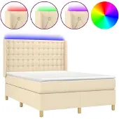 Syfax Cama box spring colchón y luces LED tela crema 140x200 cm