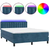 Syfax Cama box spring colchón y LED terciopelo azul oscuro 140x200 cm