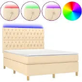 Syfax Cama box spring colchón y luces LED tela crema 140x200 cm