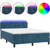 Syfax Cama box spring colchón y LED terciopelo azul oscuro 140x190 cm