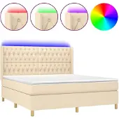 Syfax Cama box spring colchón y luces LED tela crema 160x200 cm