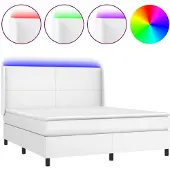 Syfax Cama box spring colchón y LED cuero sintético blanco 160x200 cm