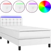 Syfax Cama box spring colchón y LED cuero sintético blanco 100x200 cm