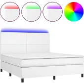 Syfax Cama box spring colchón y LED cuero sintético blanco 180x200 cm