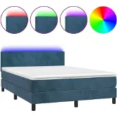 Syfax Cama box spring colchón y LED terciopelo azul oscuro 140x190 cm