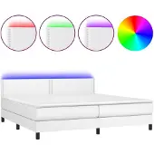 Syfax Cama box spring colchón y LED cuero sintético blanco 200x200 cm