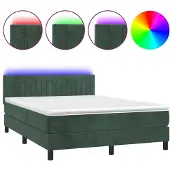 Syfax Cama box spring colchón y LED terciopelo verde oscuro 140x200cm
