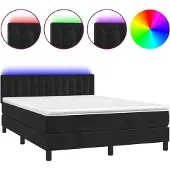 Syfax Cama box spring colchón y LED terciopelo negro 140x200 cm