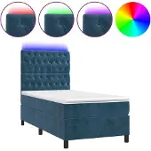 Syfax Cama box spring colchón y LED terciopelo azul oscuro 100x200 cm