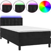 Syfax Cama box spring colchón y LED terciopelo negro 90x190 cm