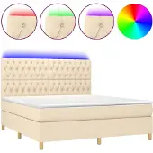 Syfax Cama box spring colchón y luces LED tela crema 160x200 cm