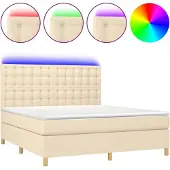 Syfax Cama box spring colchón y luces LED tela crema 160x200 cm
