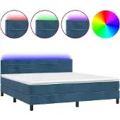 Syfax Cama box spring colchón y LED terciopelo azul oscuro 160x200 cm