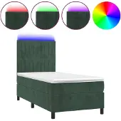 Syfax Cama box spring colchón y LED terciopelo verde oscuro 90x190 cm