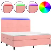 Syfax Cama box spring colchón y LED terciopelo rosa 180x200 cm
