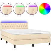 Syfax Cama box spring colchón y luces LED tela crema 140x190 cm