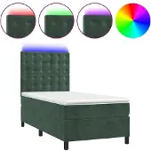 Syfax Cama box spring colchón y LED terciopelo verde oscuro 90x200 cm