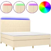 Syfax Cama box spring colchón y luces LED tela crema 160x200 cm