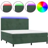Syfax Cama box spring colchón y LED terciopelo verde oscuro 180x200cm