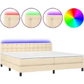 Syfax Cama box spring colchón y luces LED tela crema 200x200 cm