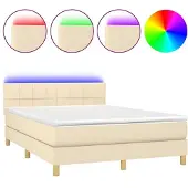 Syfax Cama box spring colchón y luces LED tela crema 140x190 cm