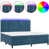 Syfax Cama box spring colchón y LED terciopelo azul oscuro 200x200 cm
