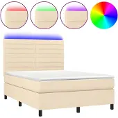 Syfax Cama box spring colchón y luces LED tela crema 140x200 cm
