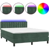 Syfax Cama box spring colchón y LED terciopelo verde oscuro 140x190cm