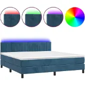 Syfax Cama box spring colchón y LED terciopelo azul oscuro 180x200 cm