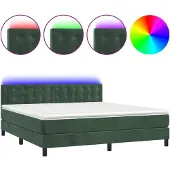 Syfax Cama box spring colchón y LED terciopelo verde oscuro 180x200cm