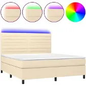 Syfax Cama box spring colchón y luces LED tela crema 180x200 cm