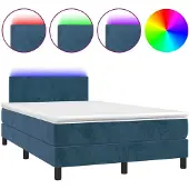 Syfax Cama box spring colchón y LED terciopelo azul oscuro 120x200 cm