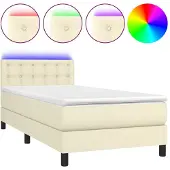 Syfax Cama box spring y colchón LED cuero sintético crema 90x200 cm