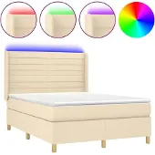 Syfax Cama box spring colchón y luces LED tela crema 140x200 cm