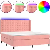 Syfax Cama box spring colchón y LED terciopelo rosa 180x200 cm
