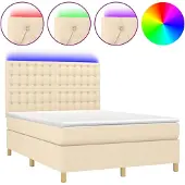 Syfax Cama box spring colchón y luces LED tela crema 140x200 cm