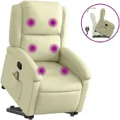 Syfax Sillón reclinable de masaje elevable cuero auténtico crema