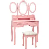 Syfax Tocador con taburete y espejo triple plegable rosa