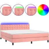 Syfax Cama box spring colchón y LED terciopelo rosa 180x200 cm