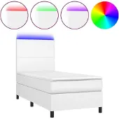 Syfax Cama box spring y colchón LED cuero sintético blanco 90x190 cm
