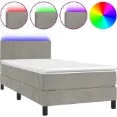 Syfax Cama box spring colchón y LED terciopelo gris claro 80x200 cm