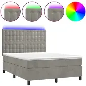 Syfax Cama box spring colchón y LED terciopelo gris claro 140x190 cm